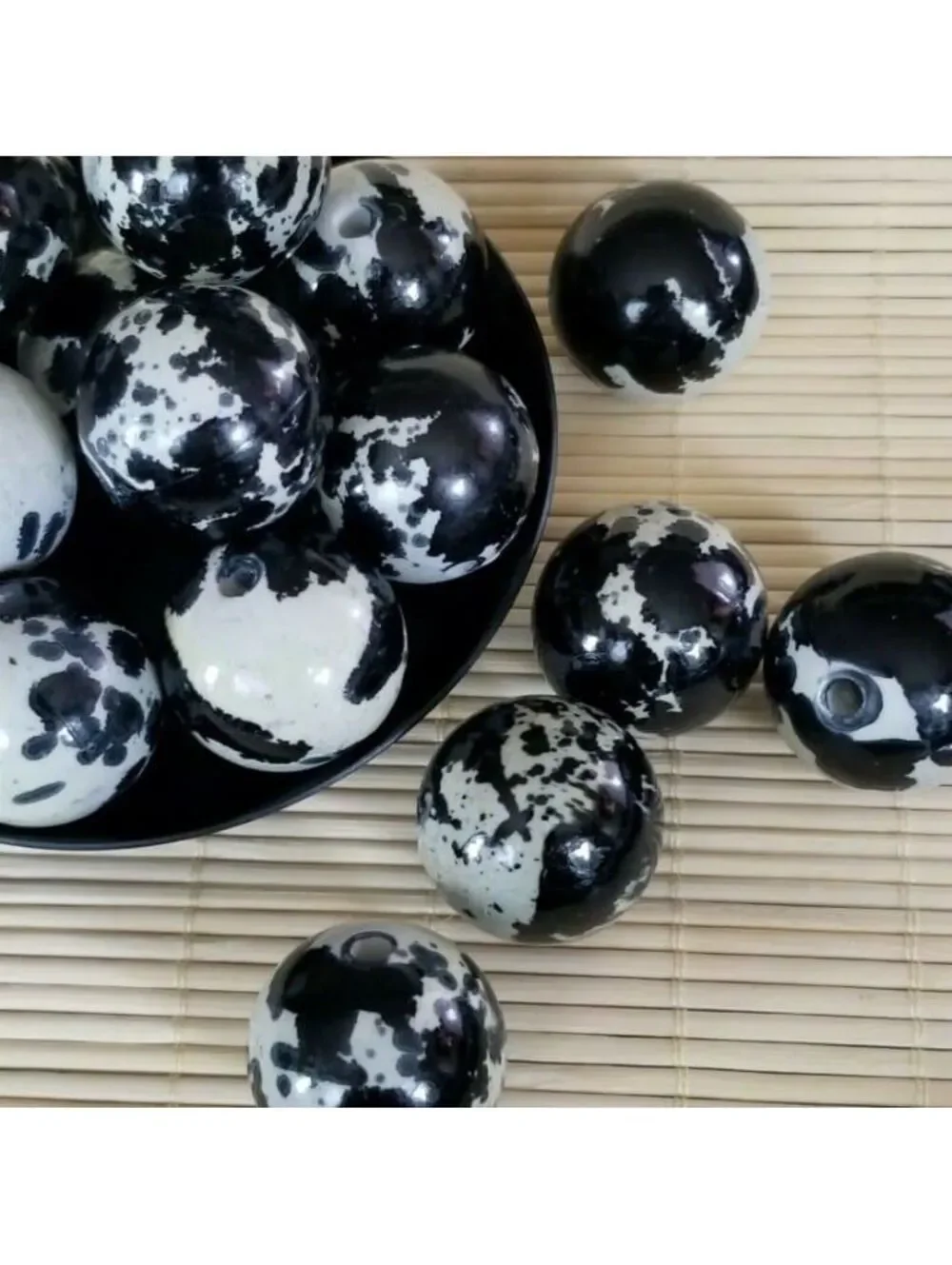 Abstract Cow Animal Print Black Grey 26mm Round Retro Acrylic Art Beads 4 pcs